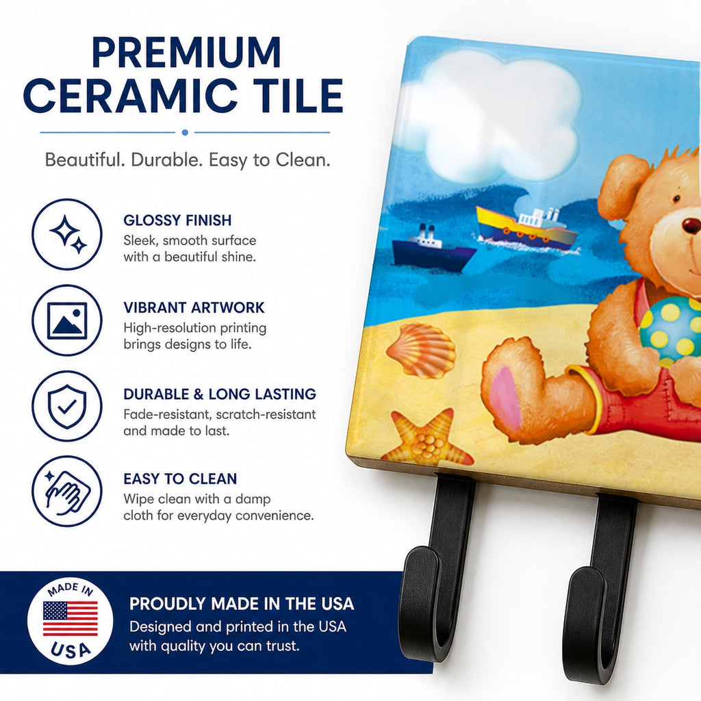 Teddy Bear on the Beach Leash or Key Holder Wall Hooks, Coat Rack Wall Mount, for Hanging Keys, Towels, Aprons, Leashes