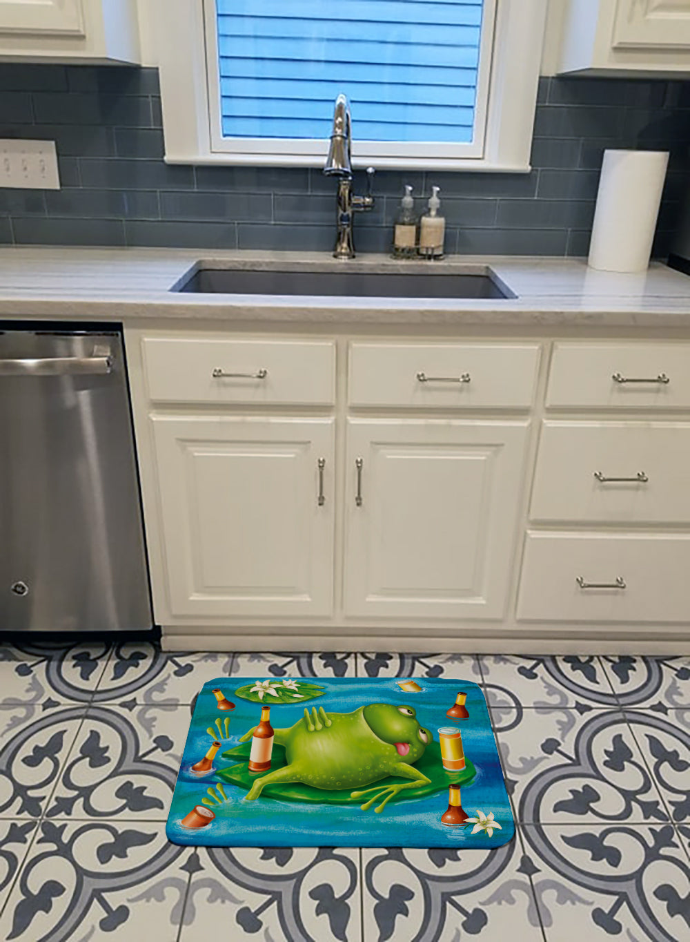 Frog Drinking Beer Memory Foam Kitchen Mat Machine Washable Anti-Fatigue Cushion Comfort Bath or Kitchen Rug