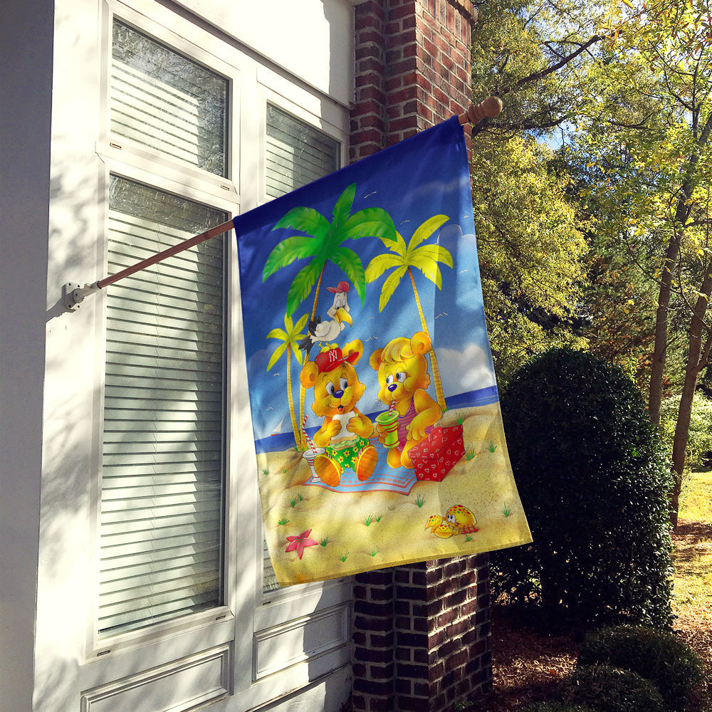 Teddy Bears Picnic on the Beach House Flag 28x40 Porch Sleeve Pole Decorative Outside Yard Banner Artwork Wall Hanging, Polyester