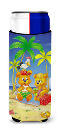 Teddy Bears Picnic on the Beach Slim Can Hugger , Insulated Foam Hugger for 12 oz Slim Cans, Beer Bottles & Water Bottles, Printed in USA