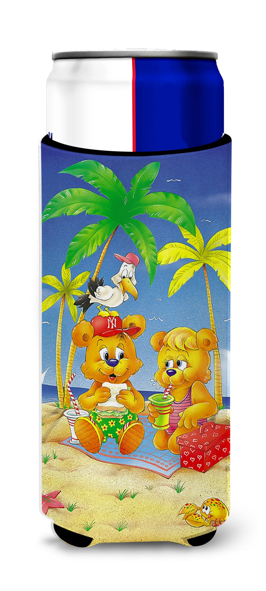 Teddy Bears Picnic on the Beach Slim Can Hugger , Insulated Foam Hugger for 12 oz Slim Cans, Beer Bottles & Water Bottles, Printed in USA