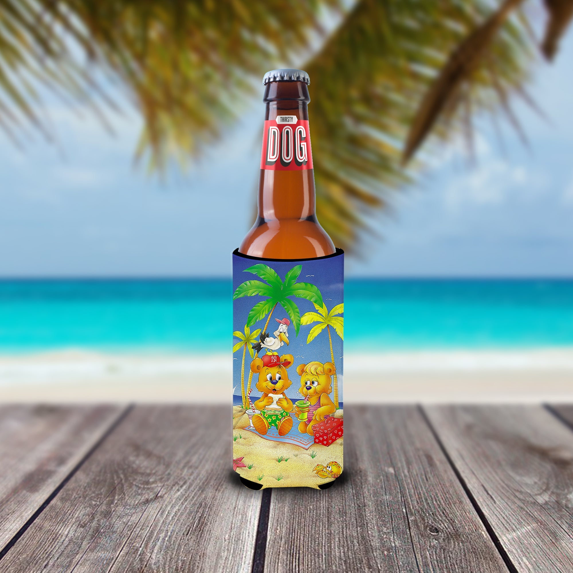 Teddy Bears Picnic on the Beach Slim Can Hugger , Insulated Foam Hugger for 12 oz Slim Cans, Beer Bottles & Water Bottles, Printed in USA