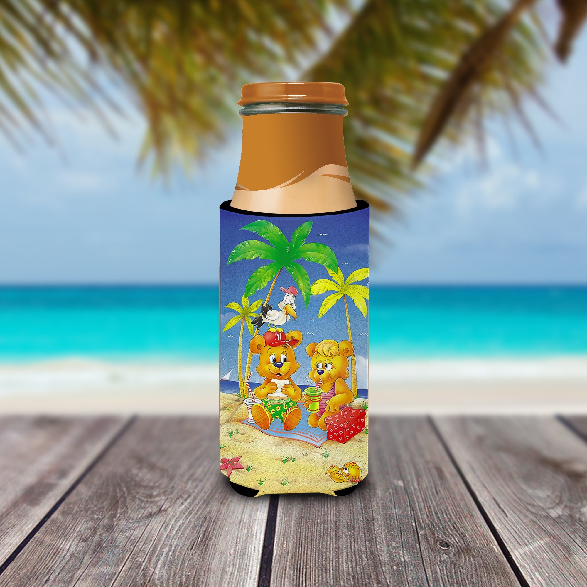 Teddy Bears Picnic on the Beach Slim Can Hugger , Insulated Foam Hugger for 12 oz Slim Cans, Beer Bottles & Water Bottles, Printed in USA