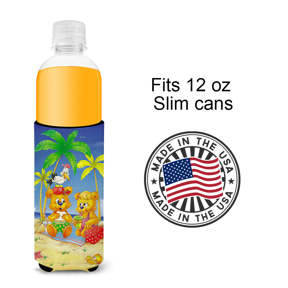 Teddy Bears Picnic on the Beach Slim Can Hugger , Insulated Foam Hugger for 12 oz Slim Cans, Beer Bottles & Water Bottles, Printed in USA