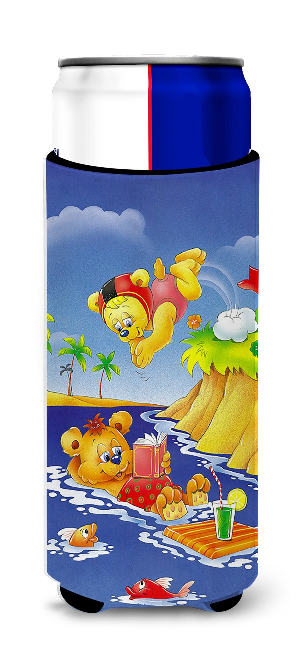 Teddy Bears Swimming and Diving Slim Can Hugger , Insulated Foam Hugger for 12 oz Slim Cans, Beer Bottles & Water Bottles, Printed in USA