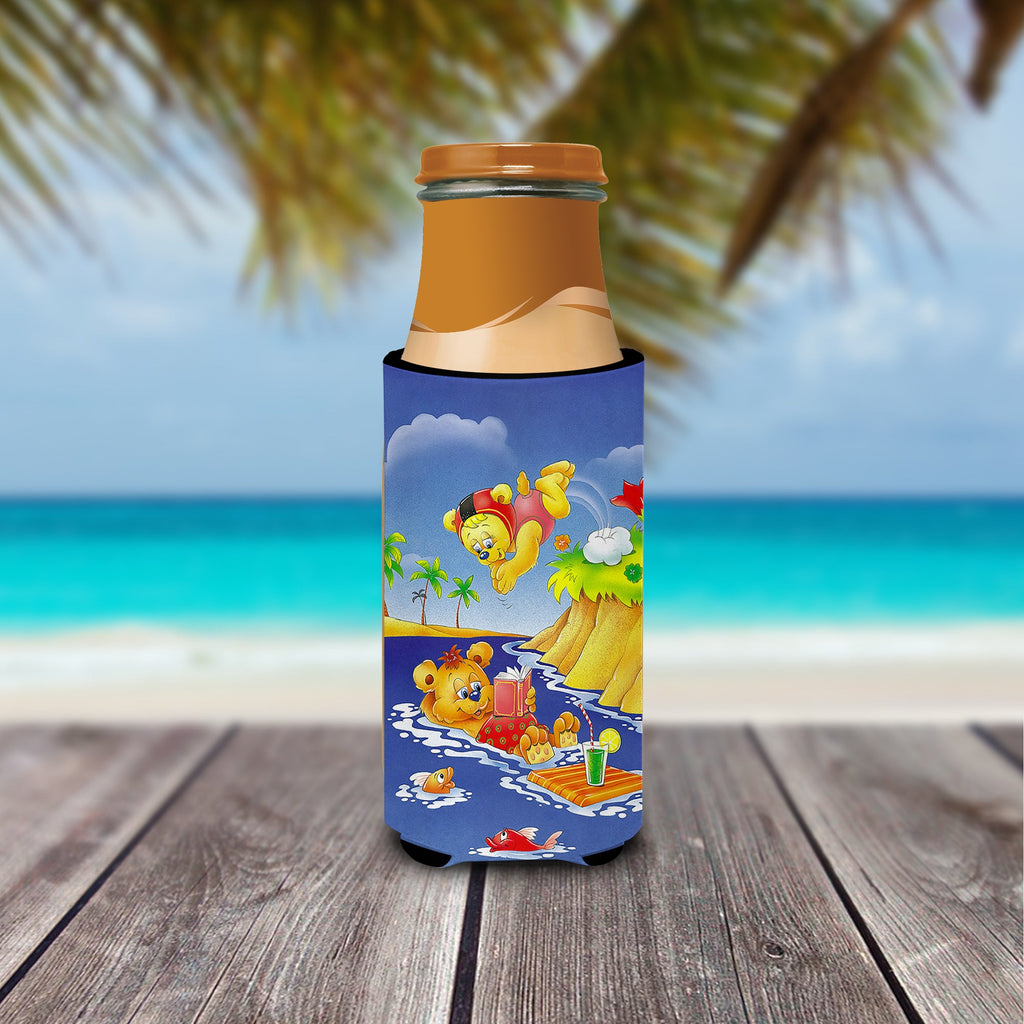 Teddy Bears Swimming and Diving Slim Can Hugger , Insulated Foam Hugger for 12 oz Slim Cans, Beer Bottles & Water Bottles, Printed in USA