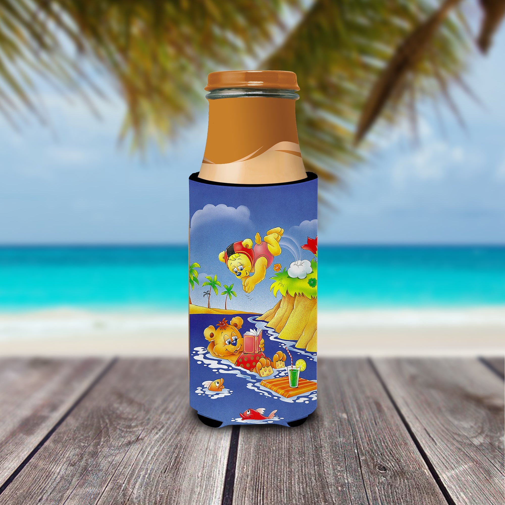 Teddy Bears Swimming and Diving Slim Can Hugger , Insulated Foam Hugger for 12 oz Slim Cans, Beer Bottles & Water Bottles, Printed in USA