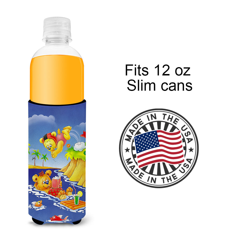 Teddy Bears Swimming and Diving Slim Can Hugger , Insulated Foam Hugger for 12 oz Slim Cans, Beer Bottles & Water Bottles, Printed in USA