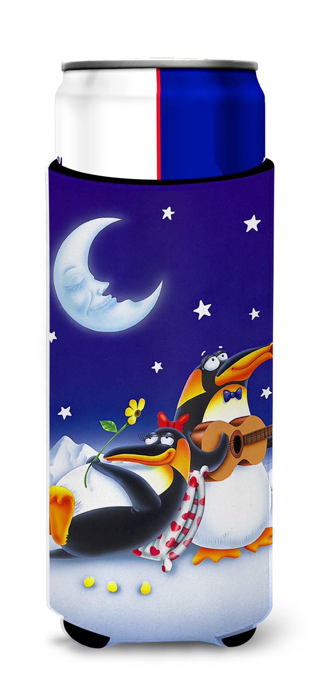 Music under the Moon Penguins Slim Can Hugger , Insulated Foam Hugger for 12 oz Slim Cans, Beer Bottles & Water Bottles, Printed in USA