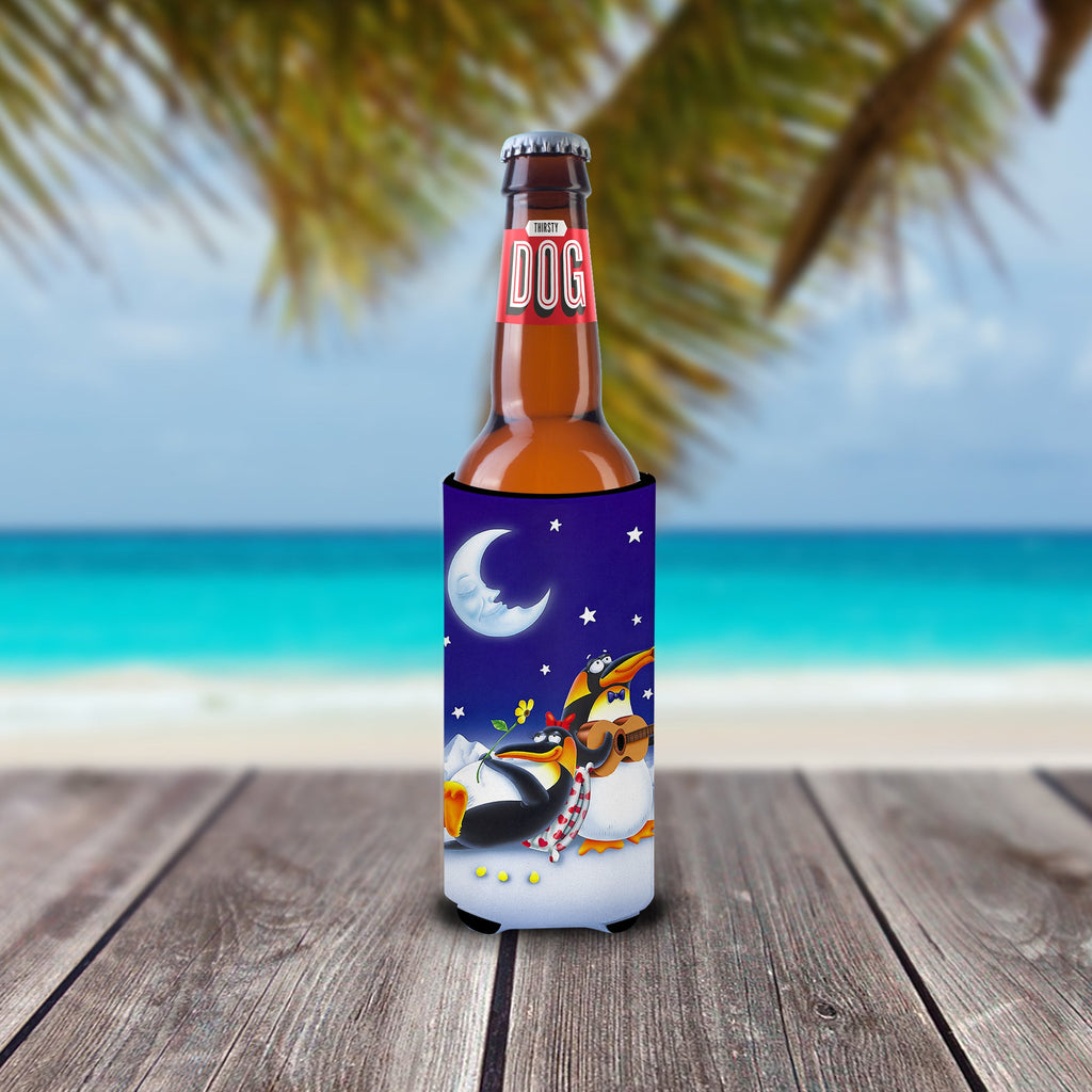 Music under the Moon Penguins Slim Can Hugger , Insulated Foam Hugger for 12 oz Slim Cans, Beer Bottles & Water Bottles, Printed in USA