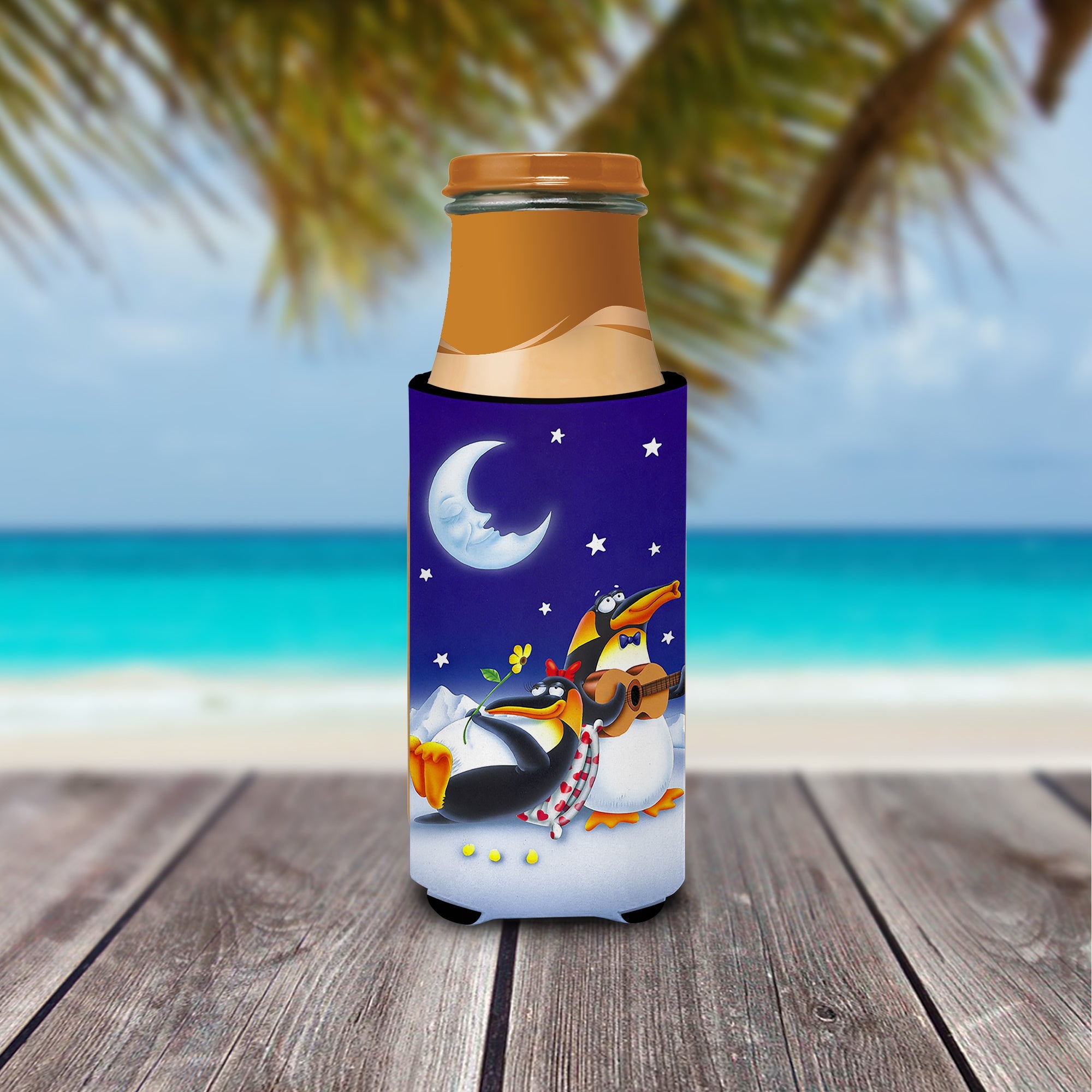 Music under the Moon Penguins Slim Can Hugger , Insulated Foam Hugger for 12 oz Slim Cans, Beer Bottles & Water Bottles, Printed in USA