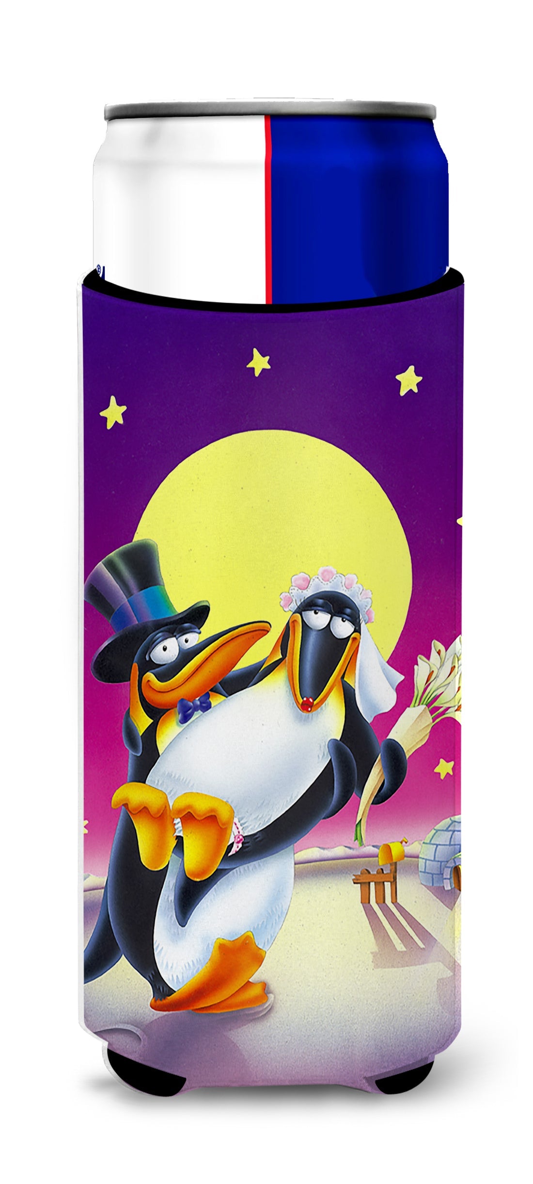 Just Married Wedding Penguins Slim Can Hugger , Insulated Foam Hugger for 12 oz Slim Cans, Beer Bottles & Water Bottles, Printed in USA