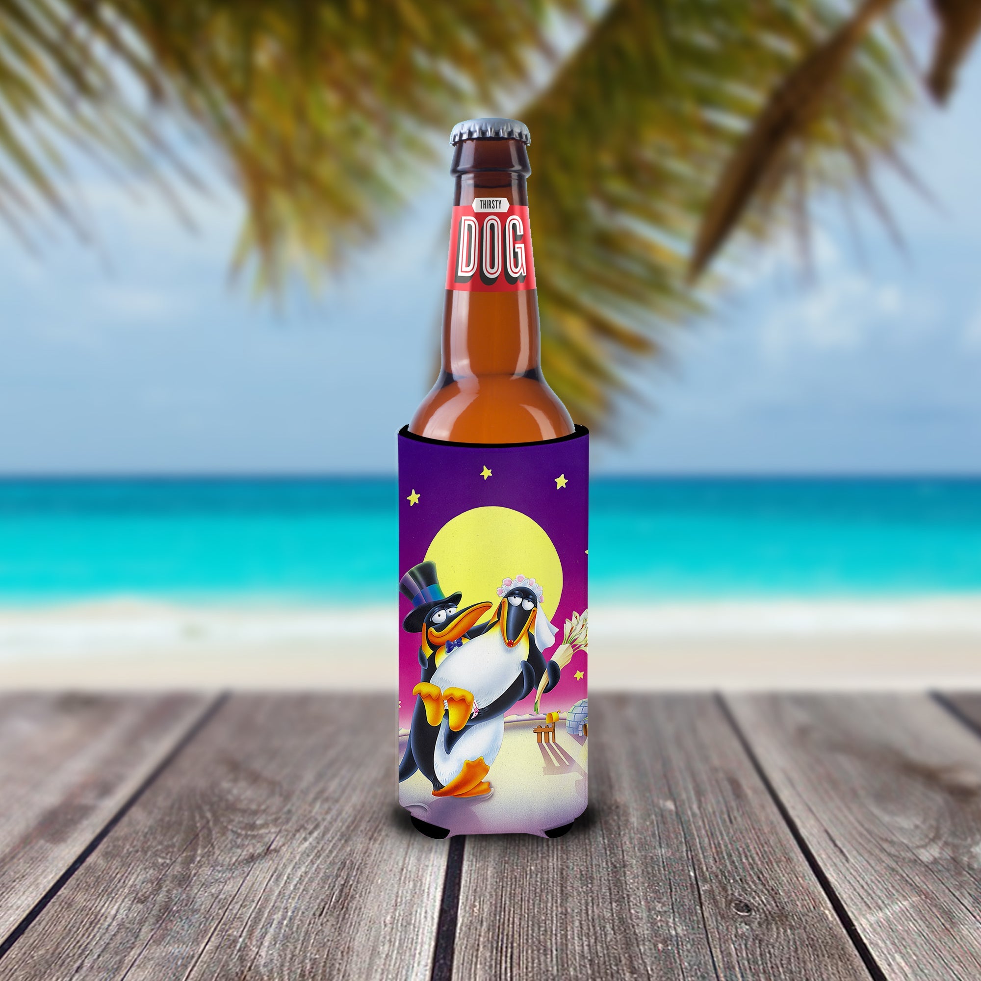 Just Married Wedding Penguins Slim Can Hugger , Insulated Foam Hugger for 12 oz Slim Cans, Beer Bottles & Water Bottles, Printed in USA