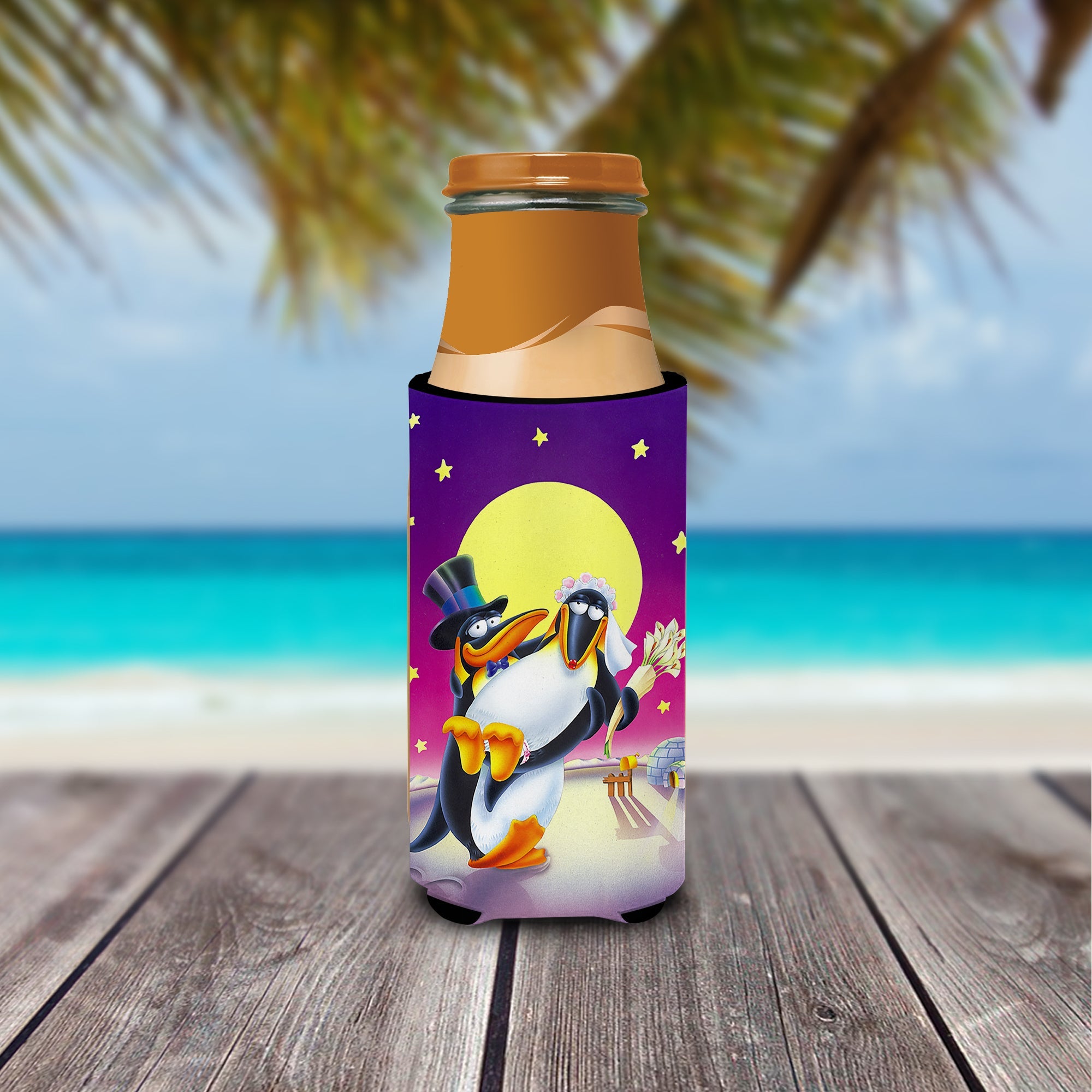 Just Married Wedding Penguins Slim Can Hugger , Insulated Foam Hugger for 12 oz Slim Cans, Beer Bottles & Water Bottles, Printed in USA