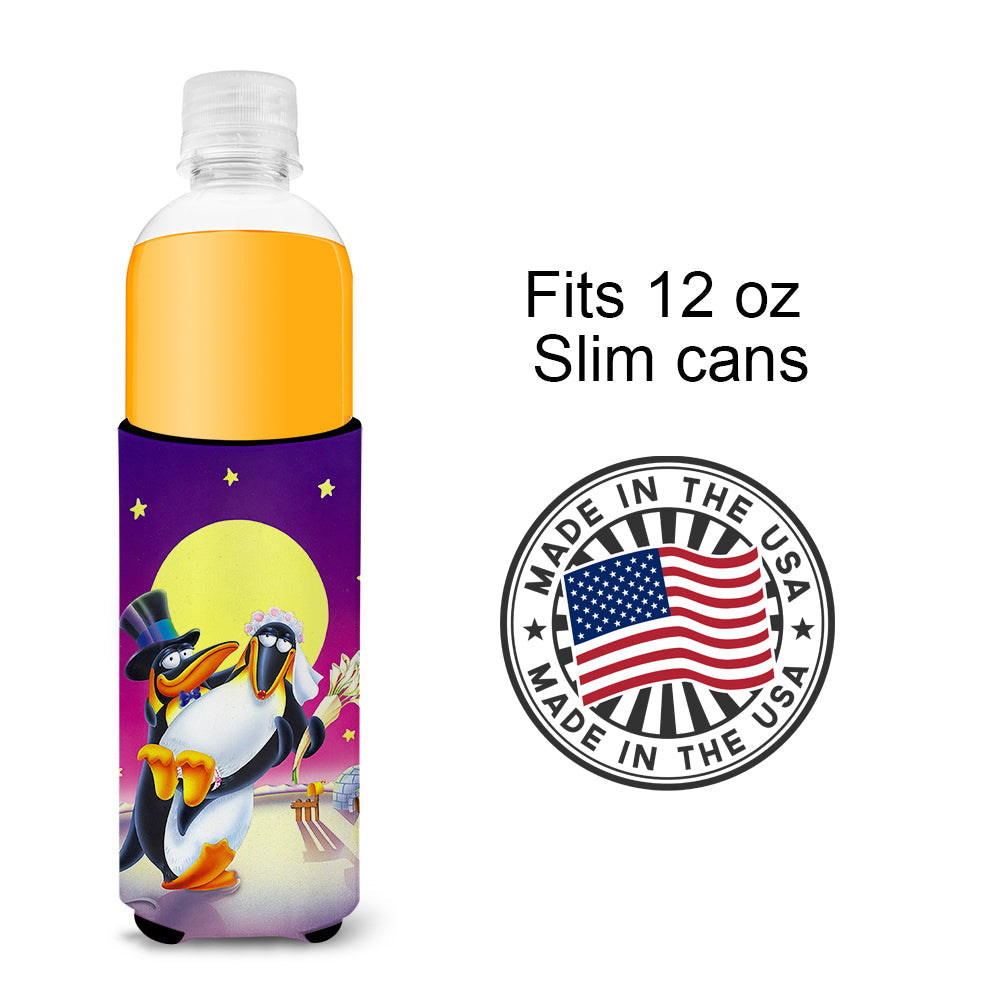 Just Married Wedding Penguins Slim Can Hugger , Insulated Foam Hugger for 12 oz Slim Cans, Beer Bottles & Water Bottles, Printed in USA