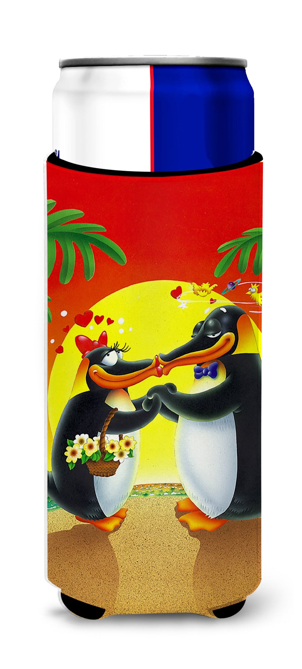 In Love Valentine's Day Penguins Slim Can Hugger , Insulated Foam Hugger for 12 oz Slim Cans, Beer Bottles & Water Bottles, Printed in USA