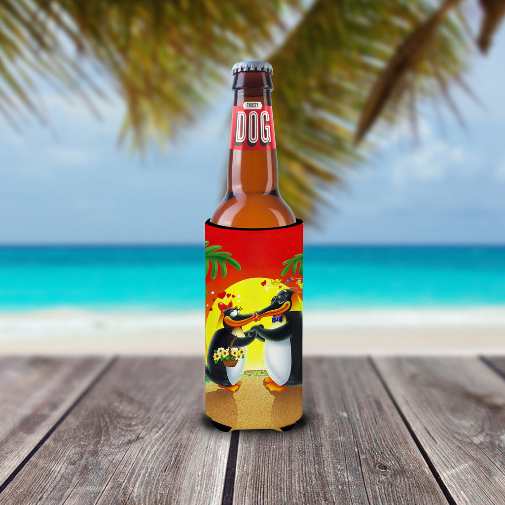 In Love Valentine's Day Penguins Slim Can Hugger , Insulated Foam Hugger for 12 oz Slim Cans, Beer Bottles & Water Bottles, Printed in USA