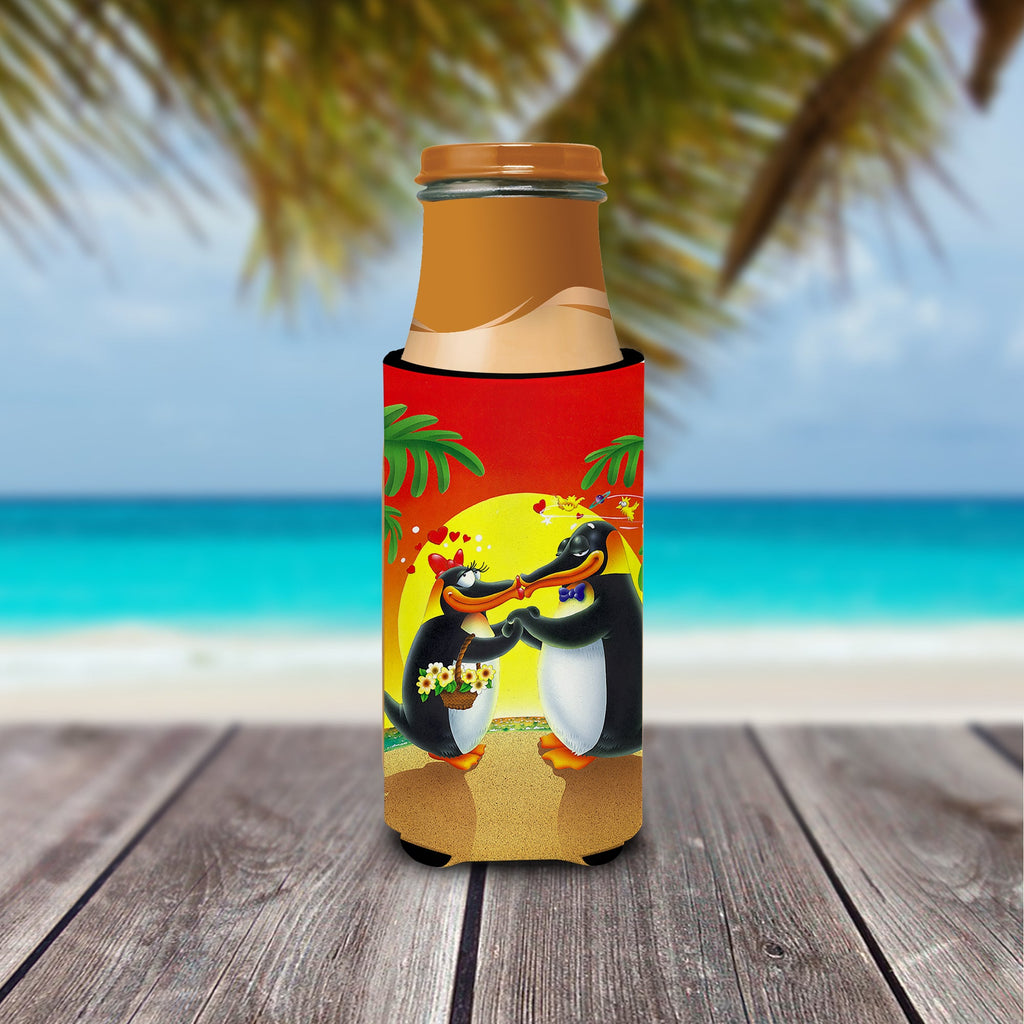 In Love Valentine's Day Penguins Slim Can Hugger , Insulated Foam Hugger for 12 oz Slim Cans, Beer Bottles & Water Bottles, Printed in USA