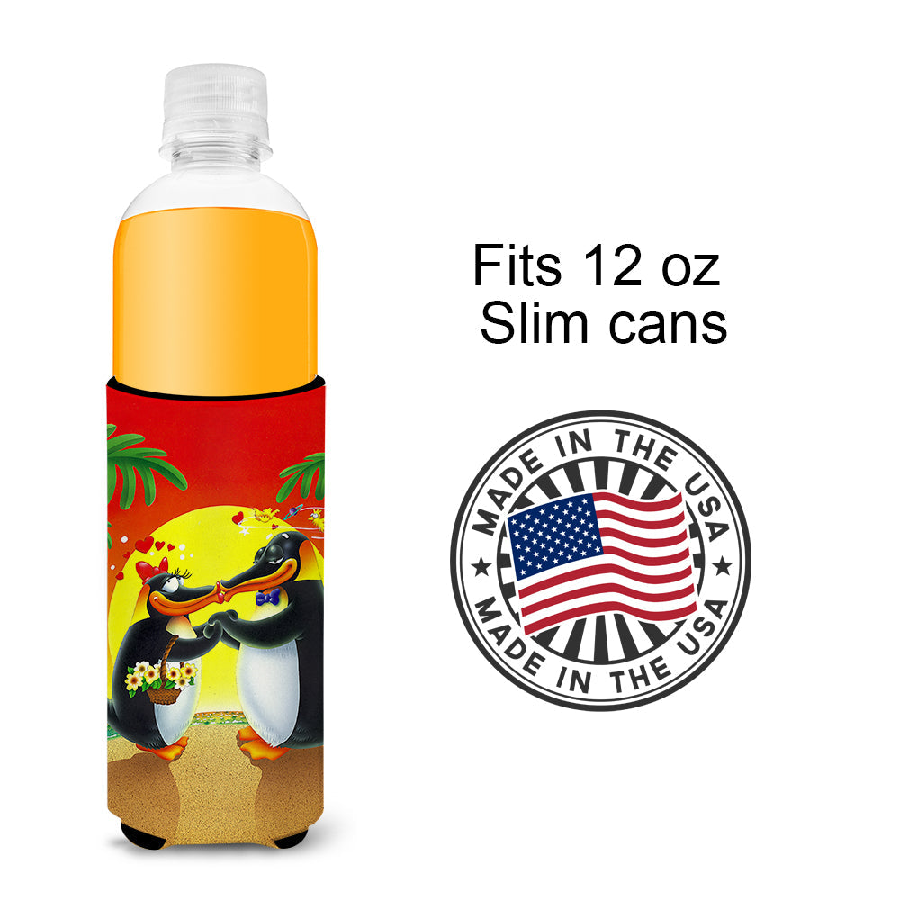 In Love Valentine's Day Penguins Slim Can Hugger , Insulated Foam Hugger for 12 oz Slim Cans, Beer Bottles & Water Bottles, Printed in USA