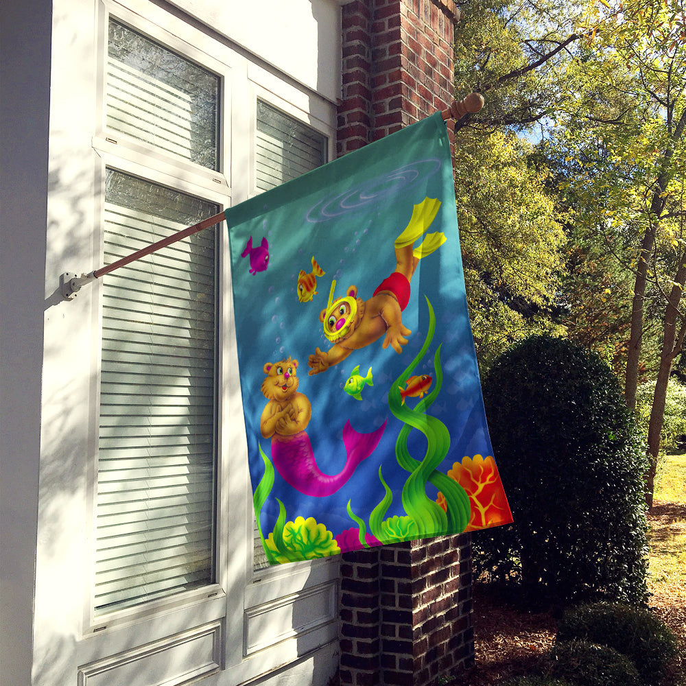 Teddy Bear Mermaid and Diver House Flag 28x40 Porch Sleeve Pole Decorative Outside Yard Banner Artwork Wall Hanging, Polyester