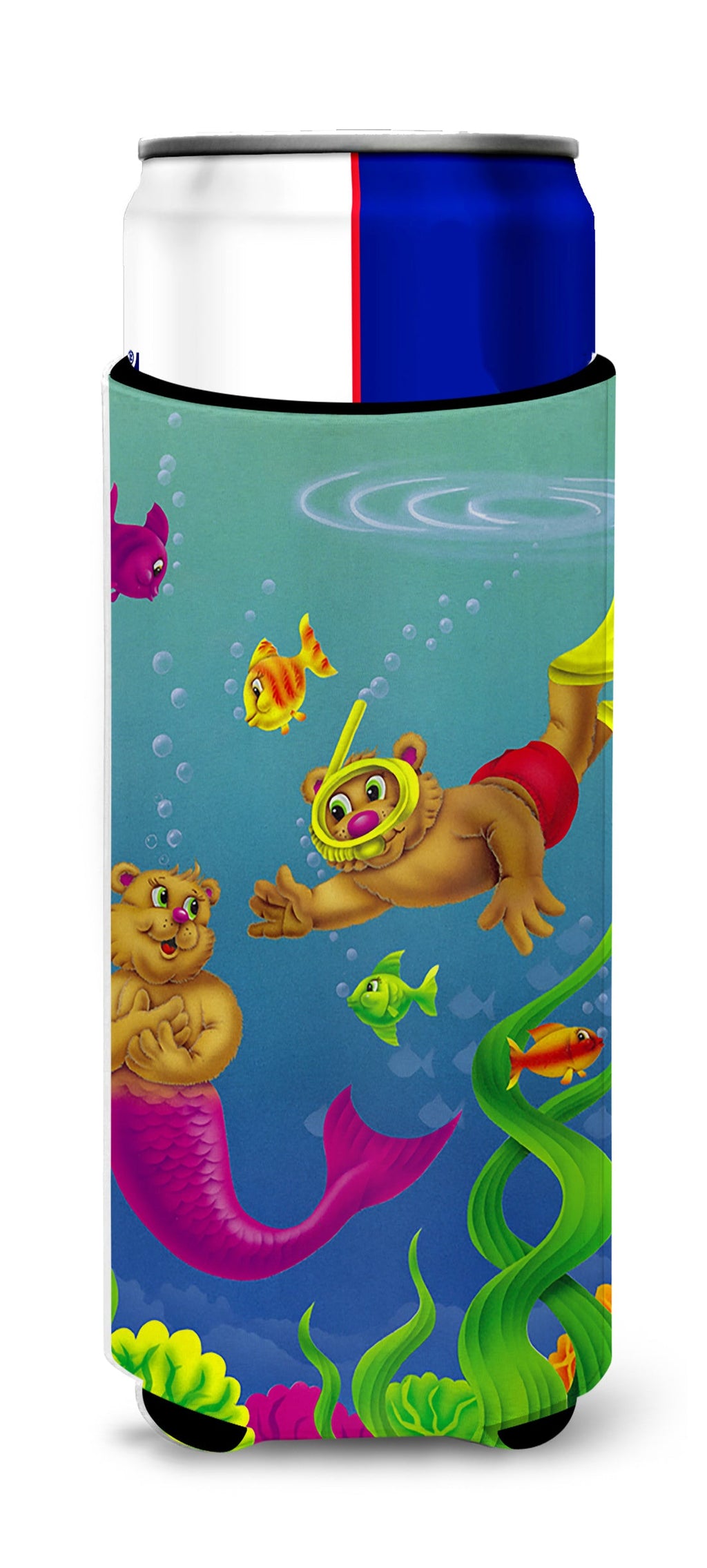 Teddy Bear Mermaid and Diver Slim Can Hugger , Insulated Foam Hugger for 12 oz Slim Cans, Beer Bottles & Water Bottles, Printed in USA