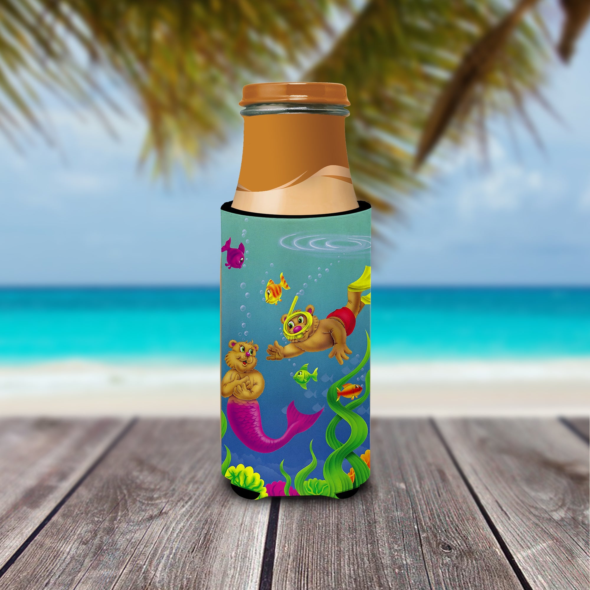 Teddy Bear Mermaid and Diver Slim Can Hugger , Insulated Foam Hugger for 12 oz Slim Cans, Beer Bottles & Water Bottles, Printed in USA