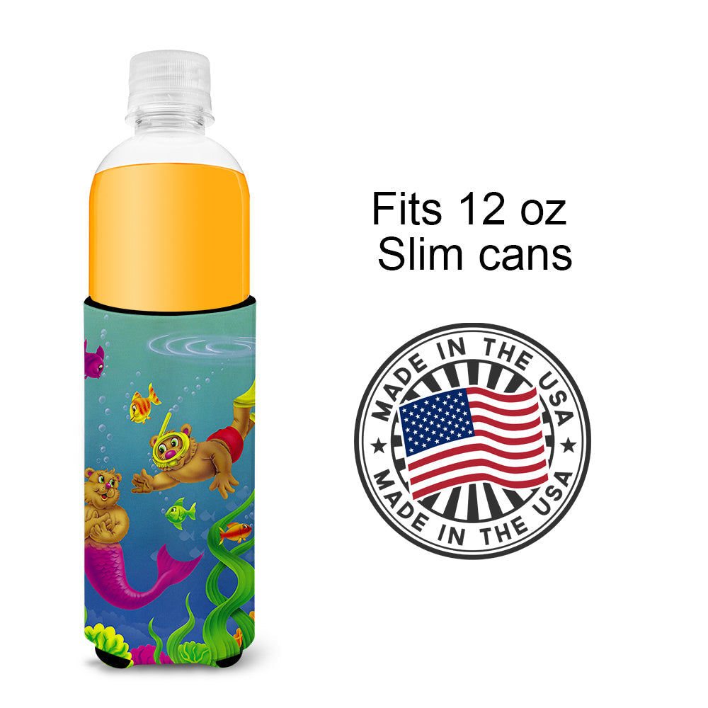 Teddy Bear Mermaid and Diver Slim Can Hugger , Insulated Foam Hugger for 12 oz Slim Cans, Beer Bottles & Water Bottles, Printed in USA