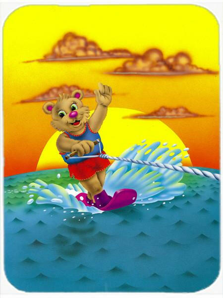 Teddy Bear Water Skiing Cutting Board Tempered Glass Kitchen Cutting Surface, Heat Resistant Chopping, Non-Slip Feet, Food Prep & Serving