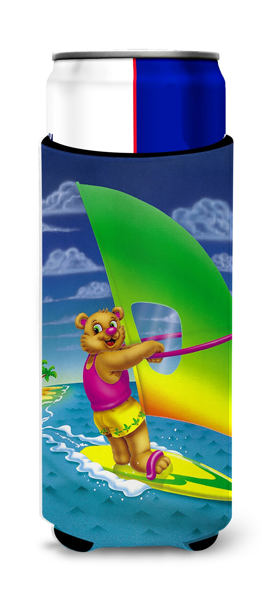 Teddy Bear Sailing Slim Can Hugger , Insulated Foam Hugger for 12 oz Slim Cans, Beer Bottles & Water Bottles, Printed in USA