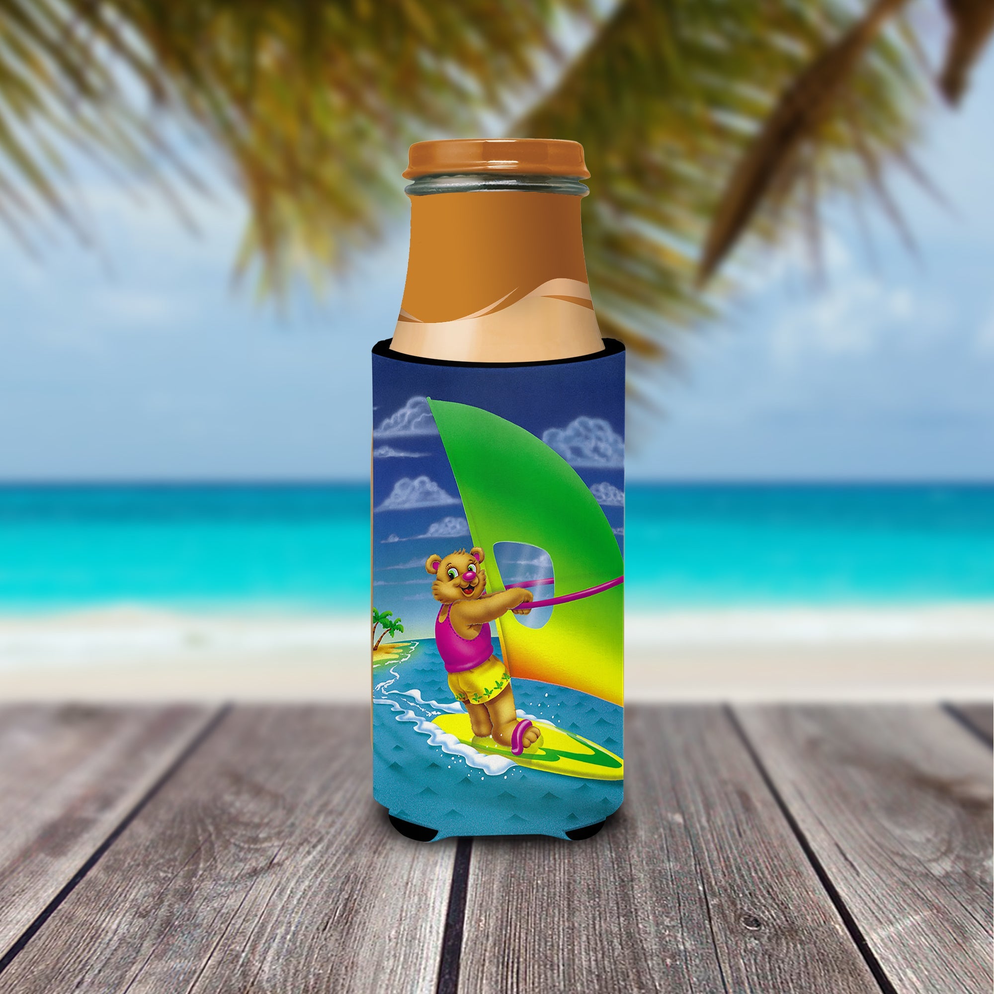 Teddy Bear Sailing Slim Can Hugger , Insulated Foam Hugger for 12 oz Slim Cans, Beer Bottles & Water Bottles, Printed in USA