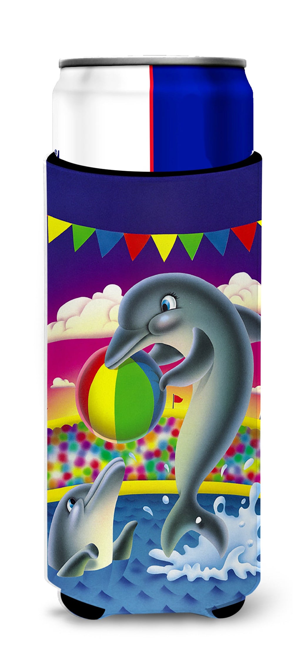 Dolphins performing for the crowds Slim Can Hugger , Insulated Foam Hugger for 12 oz Slim Cans, Beer Bottles & Water Bottles, Printed in USA