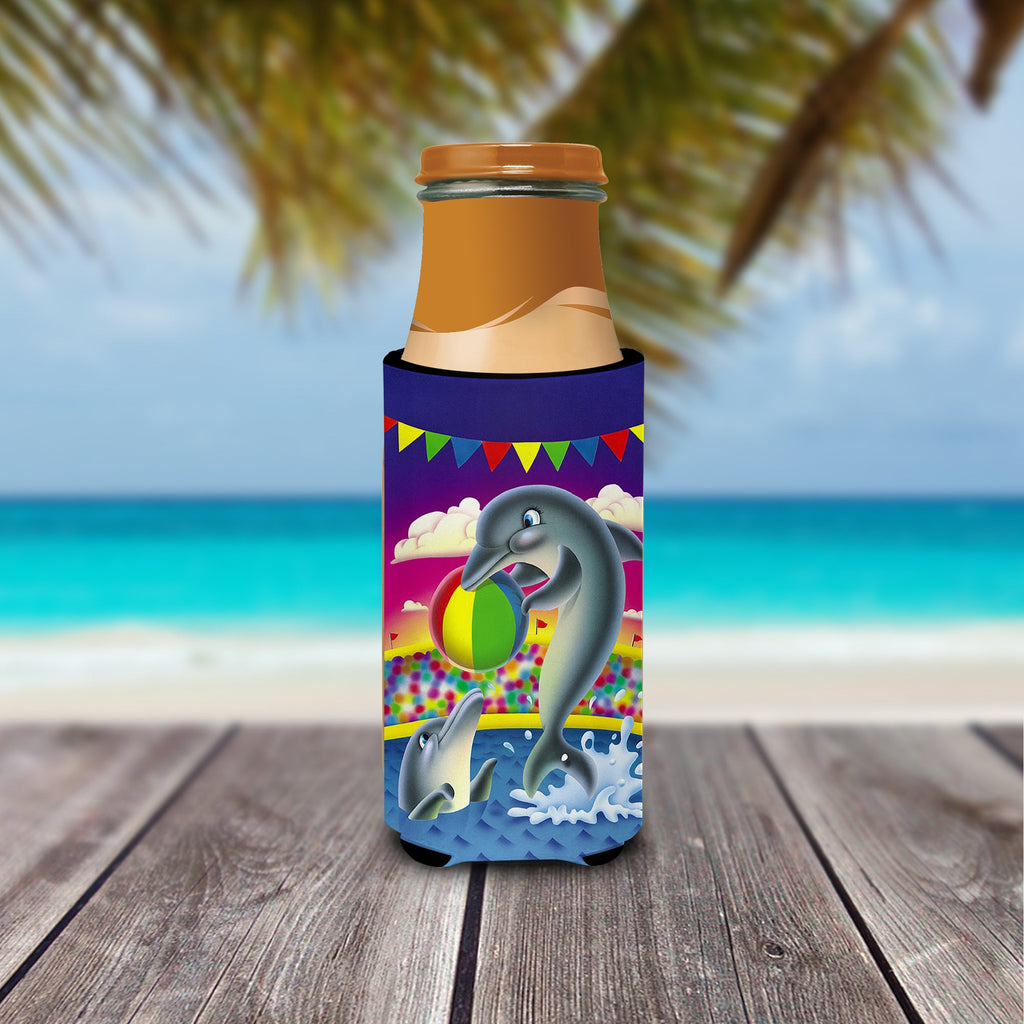 Dolphins performing for the crowds Slim Can Hugger , Insulated Foam Hugger for 12 oz Slim Cans, Beer Bottles & Water Bottles, Printed in USA