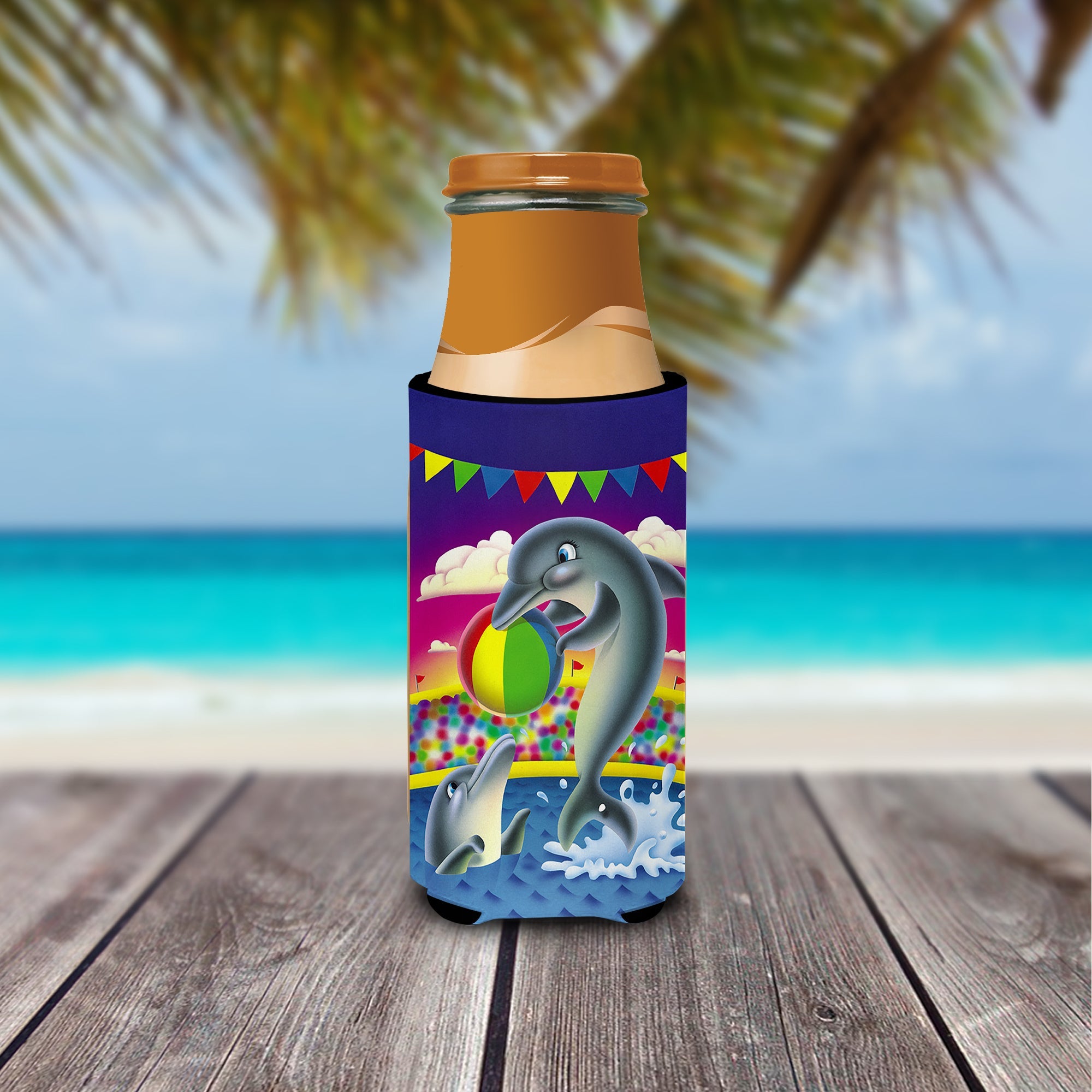 Dolphins performing for the crowds Slim Can Hugger , Insulated Foam Hugger for 12 oz Slim Cans, Beer Bottles & Water Bottles, Printed in USA