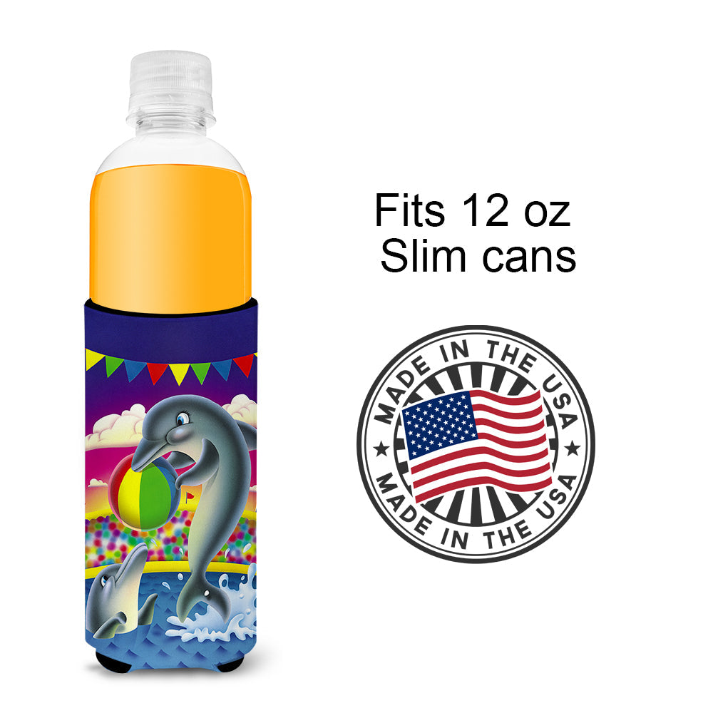 Dolphins performing for the crowds Slim Can Hugger , Insulated Foam Hugger for 12 oz Slim Cans, Beer Bottles & Water Bottles, Printed in USA