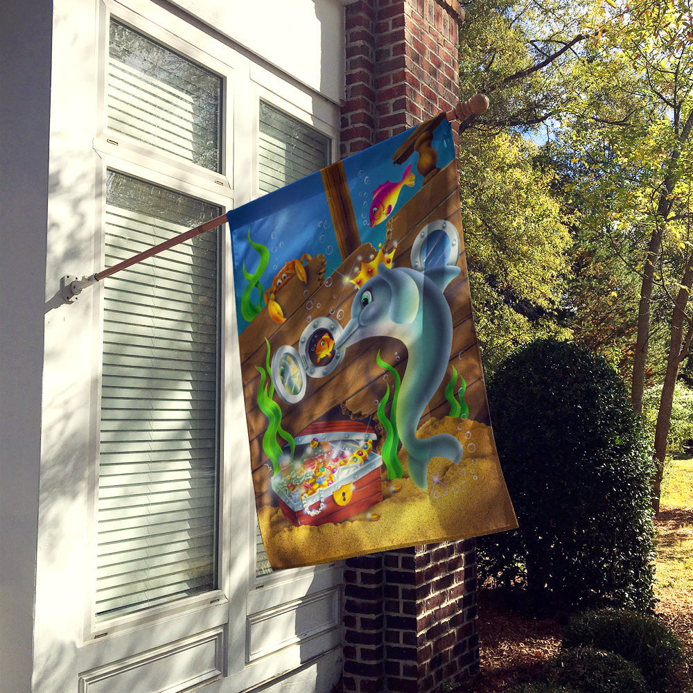 Dolphins Treasure Chest House Flag 28x40 Porch Sleeve Pole Decorative Outside Yard Banner Artwork Wall Hanging, Polyester
