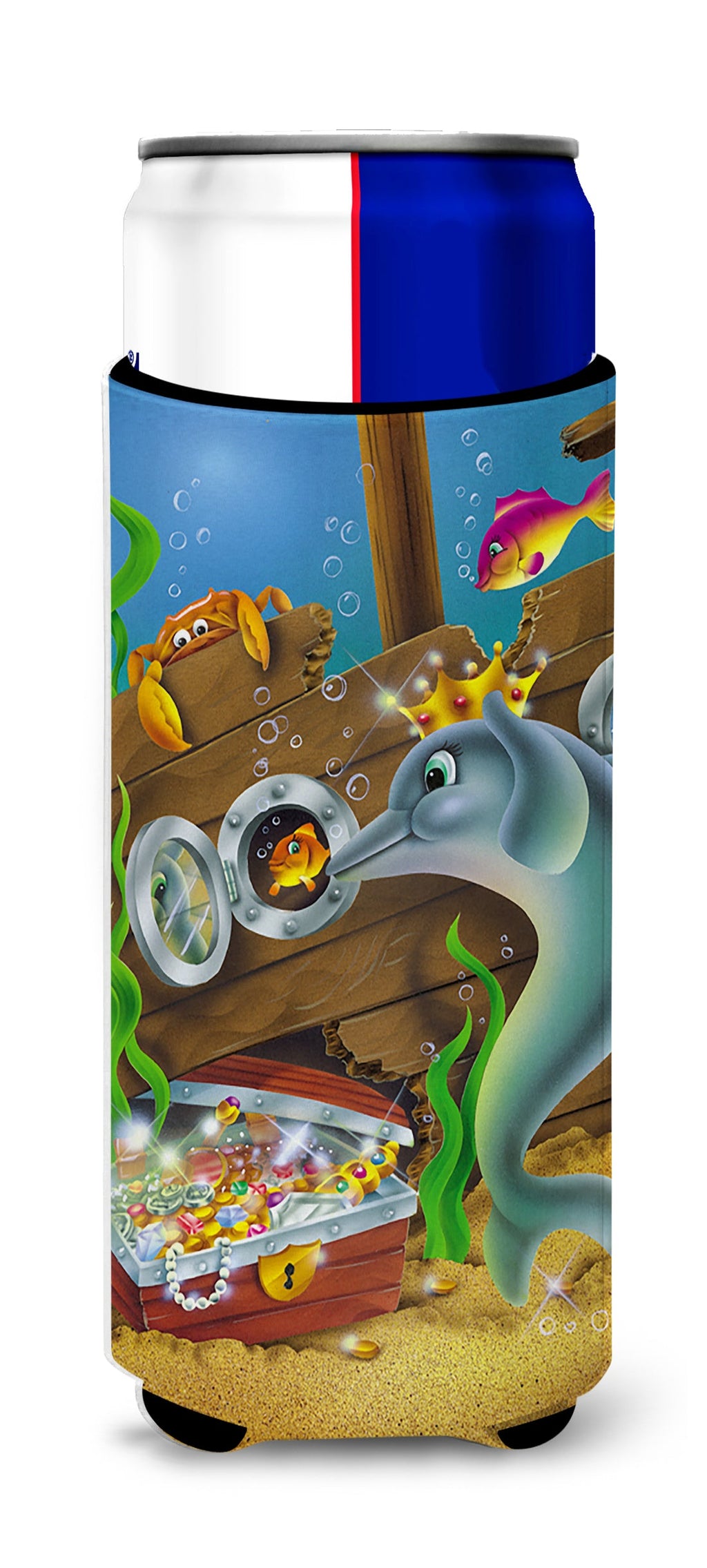 Dolphins Treasure Chest Slim Can Hugger , Insulated Foam Hugger for 12 oz Slim Cans, Beer Bottles & Water Bottles, Printed in USA