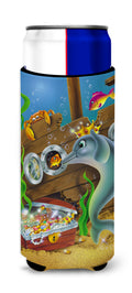 Dolphins Treasure Chest Slim Can Hugger , Insulated Foam Hugger for 12 oz Slim Cans, Beer Bottles & Water Bottles, Printed in USA