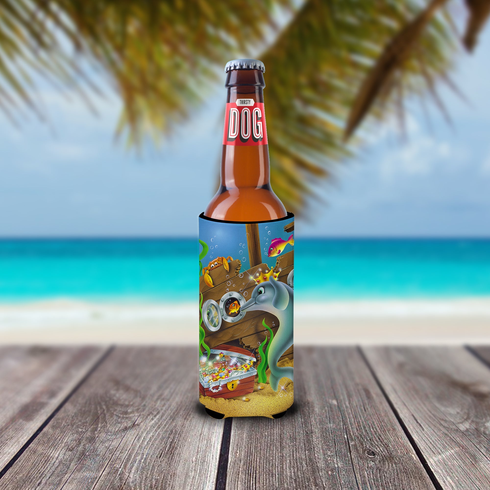 Dolphins Treasure Chest Slim Can Hugger , Insulated Foam Hugger for 12 oz Slim Cans, Beer Bottles & Water Bottles, Printed in USA