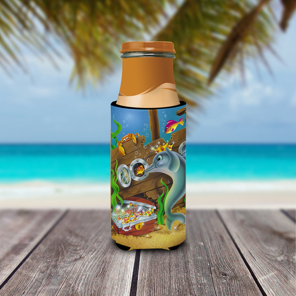Dolphins Treasure Chest Slim Can Hugger , Insulated Foam Hugger for 12 oz Slim Cans, Beer Bottles & Water Bottles, Printed in USA