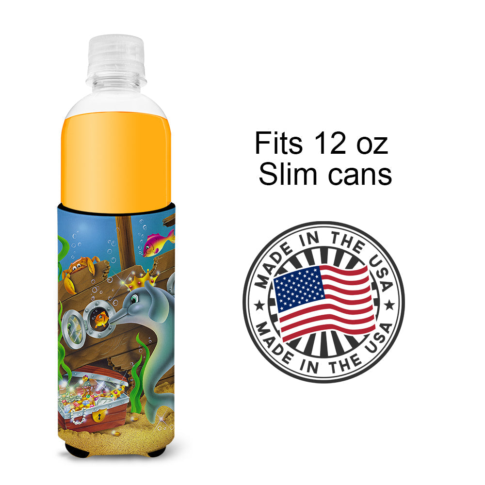Dolphins Treasure Chest Slim Can Hugger , Insulated Foam Hugger for 12 oz Slim Cans, Beer Bottles & Water Bottles, Printed in USA