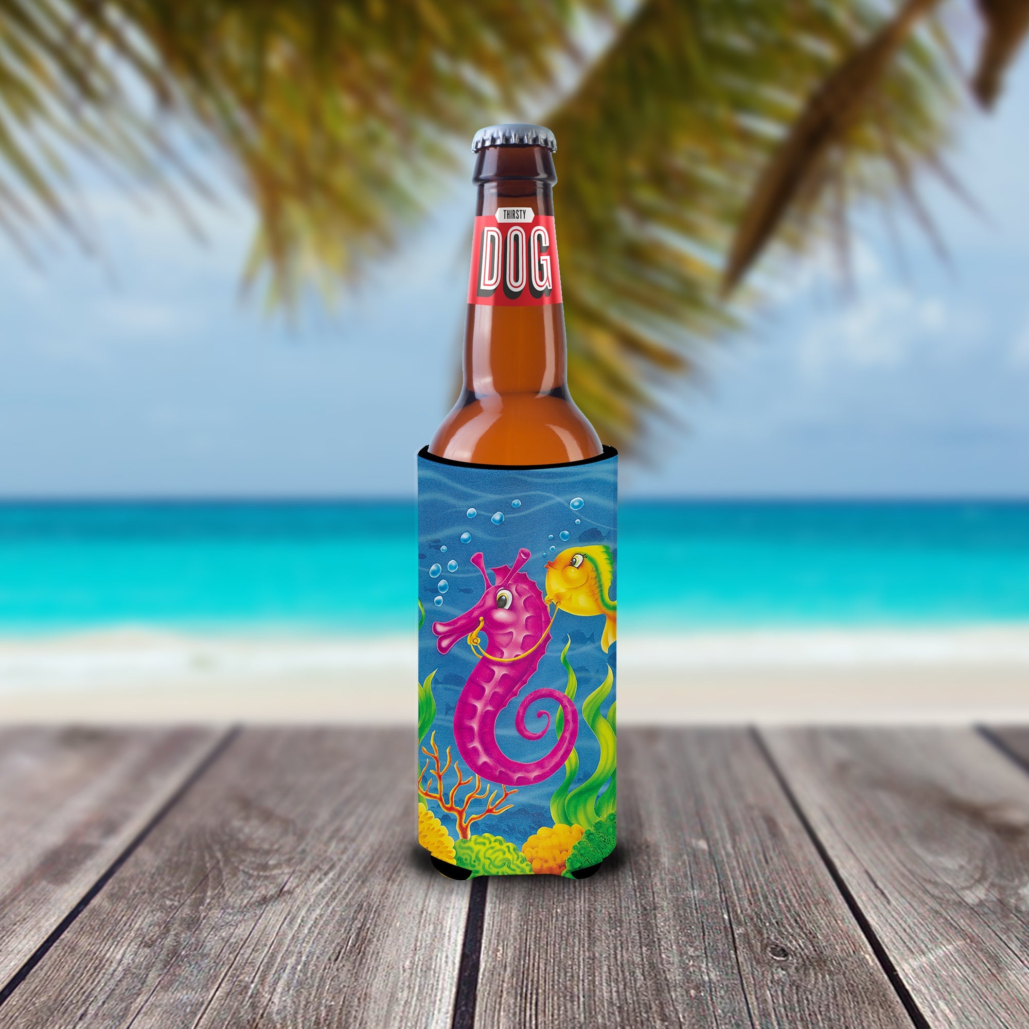 Seahorse Ride Slim Can Hugger , Insulated Foam Hugger for 12 oz Slim Cans, Beer Bottles & Water Bottles, Printed in USA