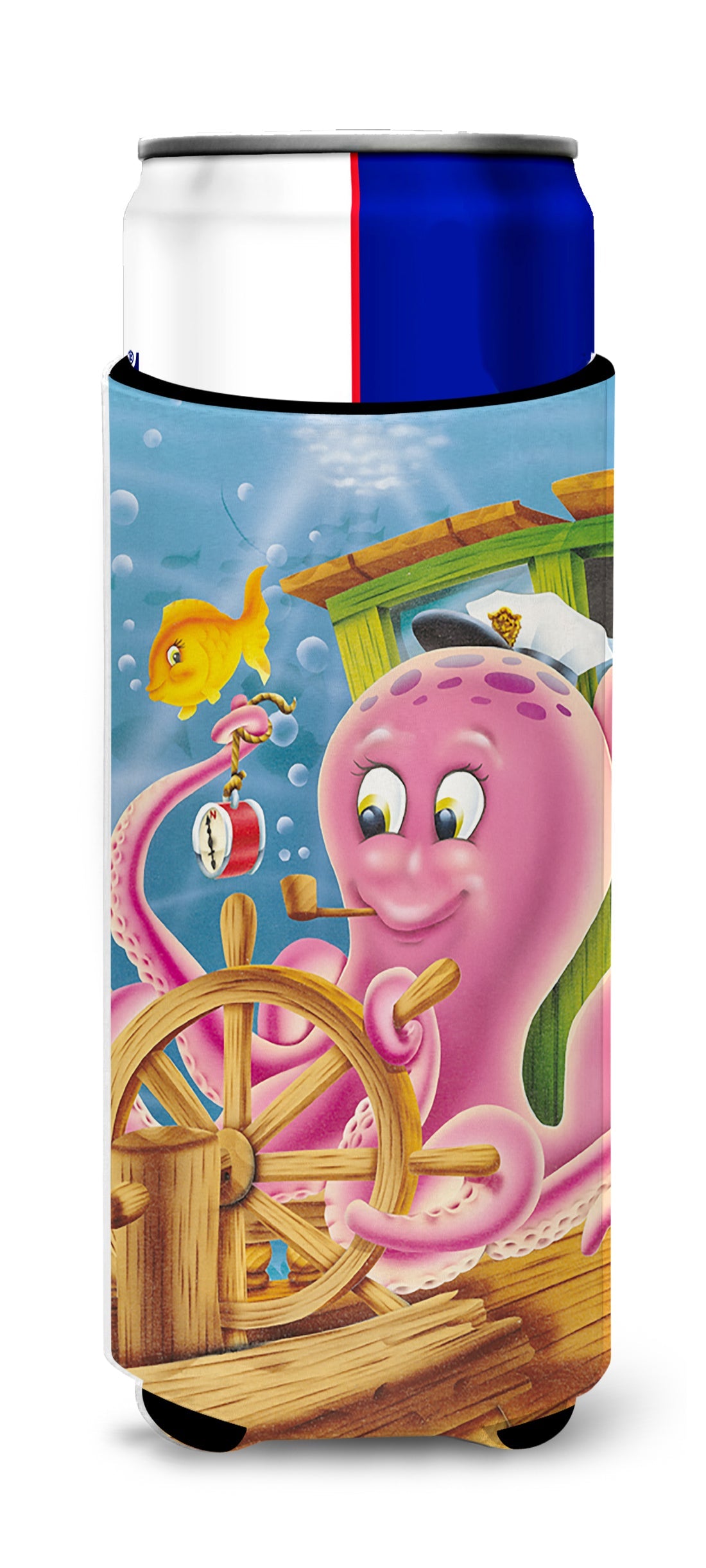 Captain Octopus Slim Can Hugger , Insulated Foam Hugger for 12 oz Slim Cans, Beer Bottles & Water Bottles, Printed in USA