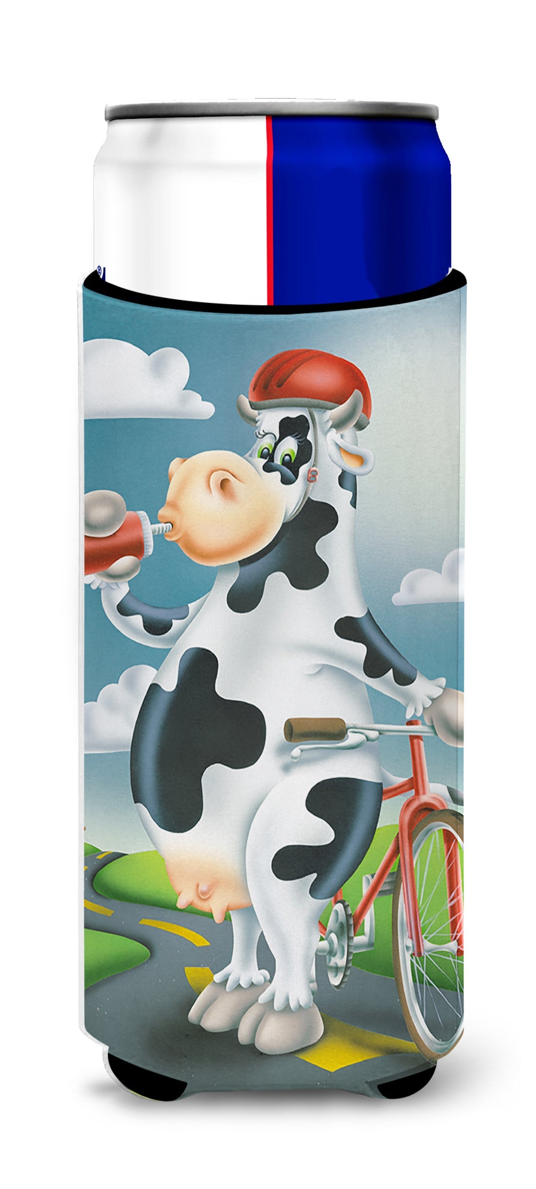 Cow on a Bike Ride Slim Can Hugger , Insulated Foam Hugger for 12 oz Slim Cans, Beer Bottles & Water Bottles, Printed in USA