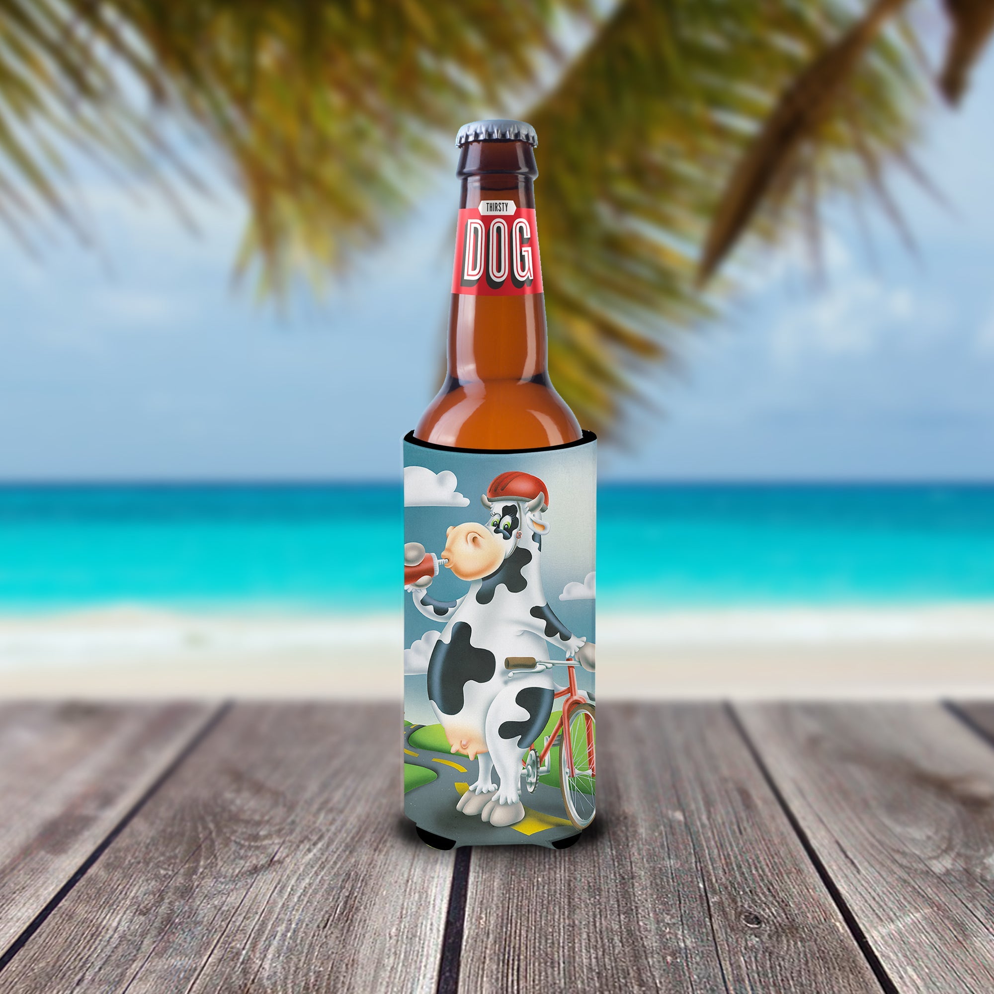 Cow on a Bike Ride Slim Can Hugger , Insulated Foam Hugger for 12 oz Slim Cans, Beer Bottles & Water Bottles, Printed in USA