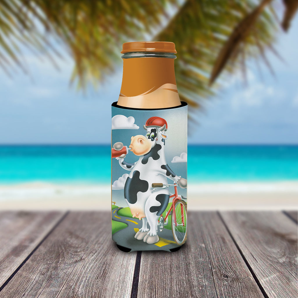 Cow on a Bike Ride Slim Can Hugger , Insulated Foam Hugger for 12 oz Slim Cans, Beer Bottles & Water Bottles, Printed in USA