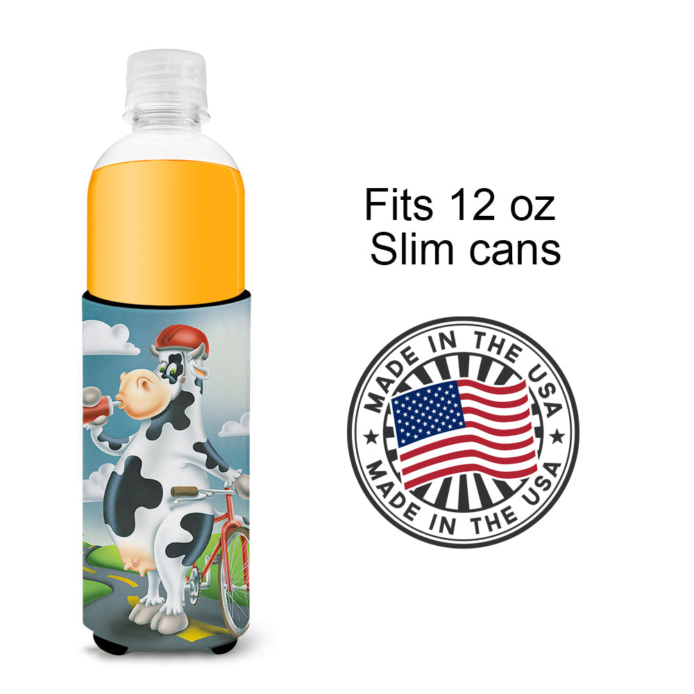 Cow on a Bike Ride Slim Can Hugger , Insulated Foam Hugger for 12 oz Slim Cans, Beer Bottles & Water Bottles, Printed in USA