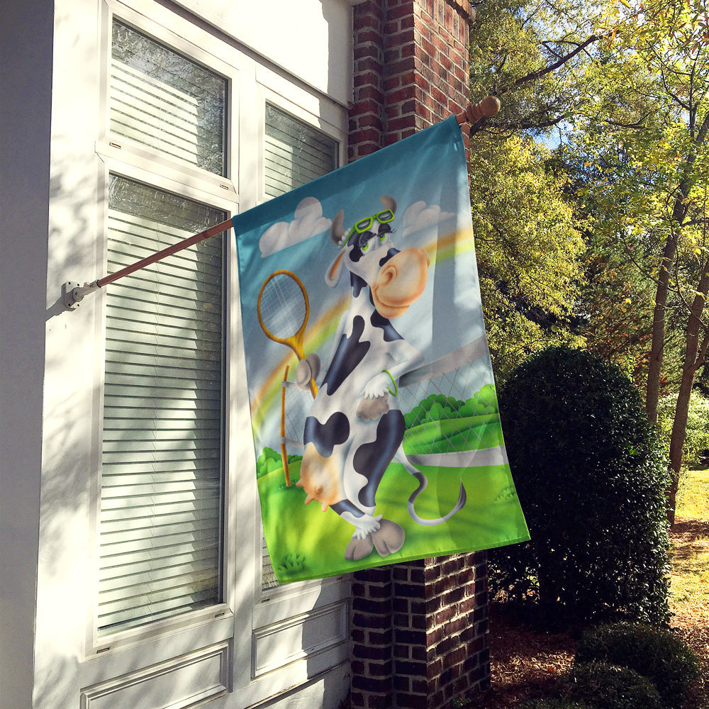 Cow playing Tennis House Flag 28x40 Porch Sleeve Pole Decorative Outside Yard Banner Artwork Wall Hanging, Polyester