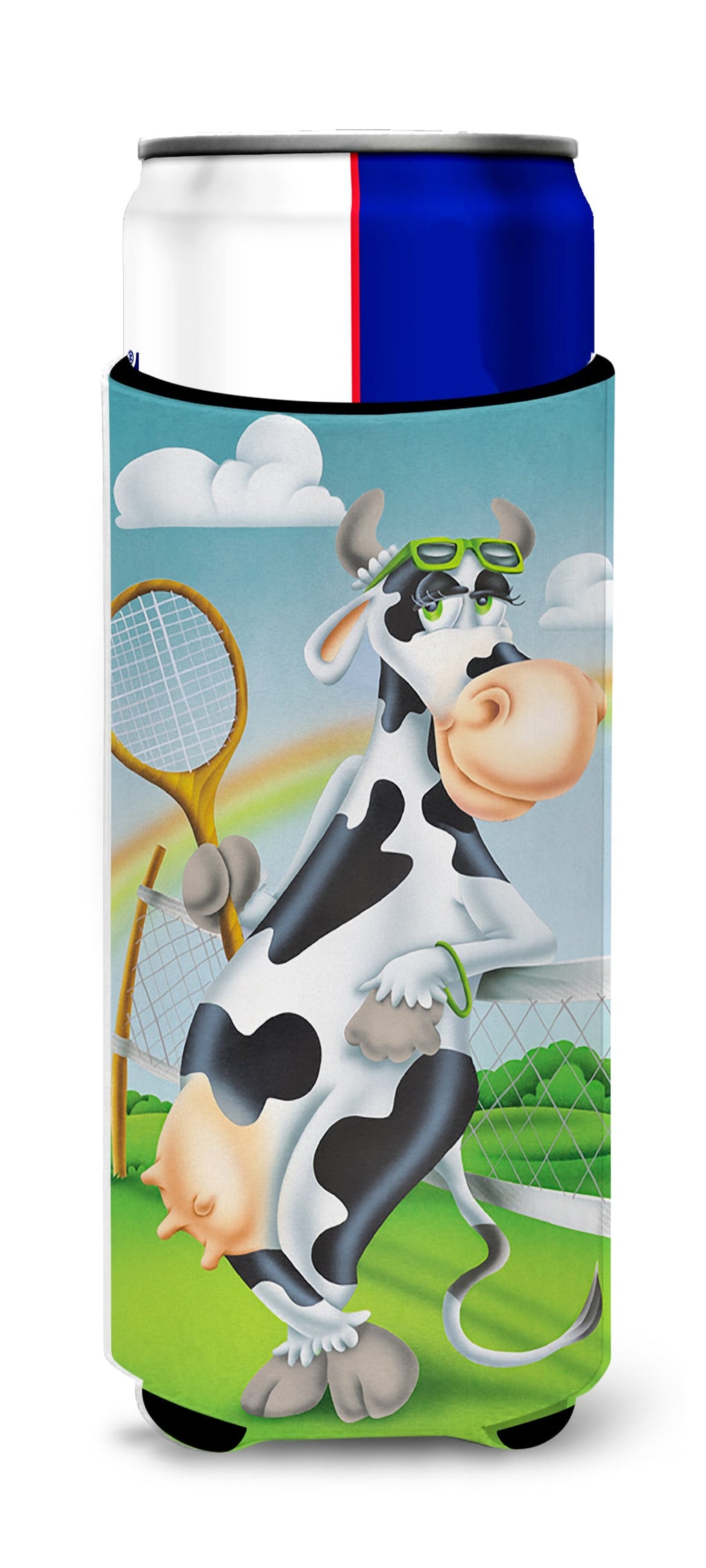 Cow playing Tennis Slim Can Hugger , Insulated Foam Hugger for 12 oz Slim Cans, Beer Bottles & Water Bottles, Printed in USA