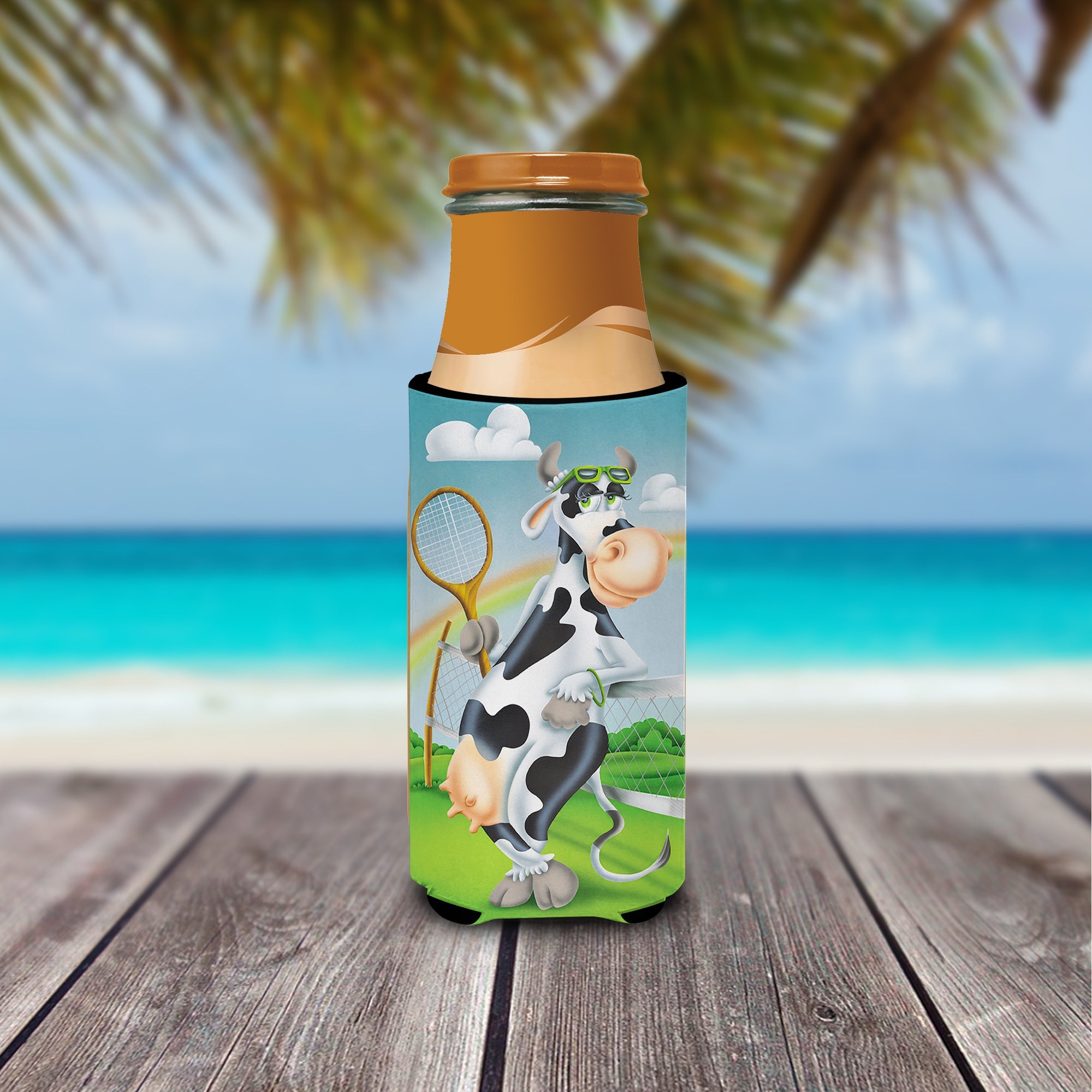 Cow playing Tennis Slim Can Hugger , Insulated Foam Hugger for 12 oz Slim Cans, Beer Bottles & Water Bottles, Printed in USA