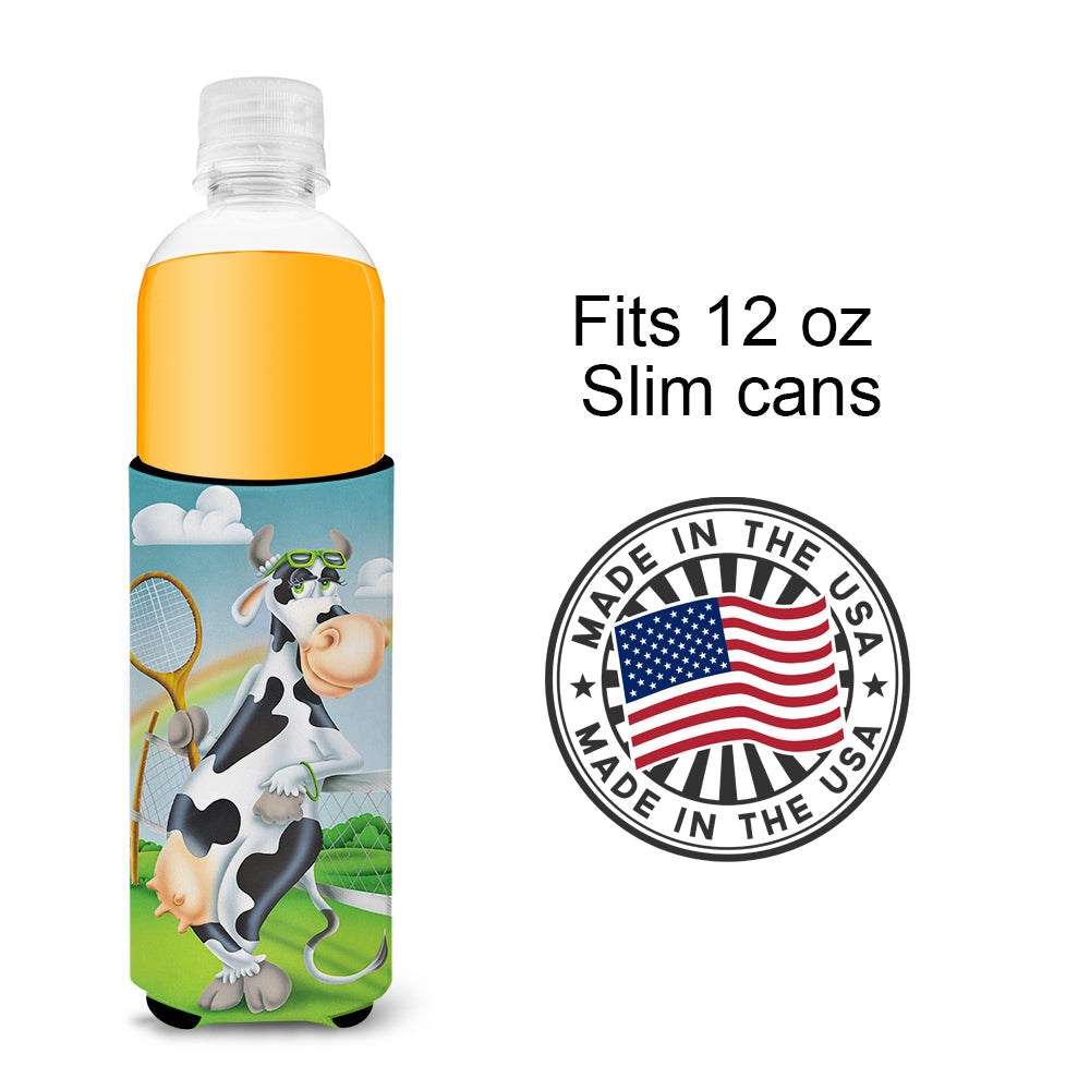 Cow playing Tennis Slim Can Hugger , Insulated Foam Hugger for 12 oz Slim Cans, Beer Bottles & Water Bottles, Printed in USA